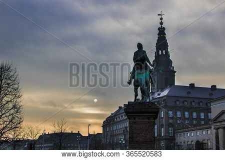 Copenhagen Beautiful View At Night With Bishop Absalon Statue, Christiansborg Palace And The Moon In