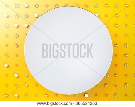 White Blank Round Frame Or Banner Over Golden Shapes And Figures On Yellow Background. Place Your Te