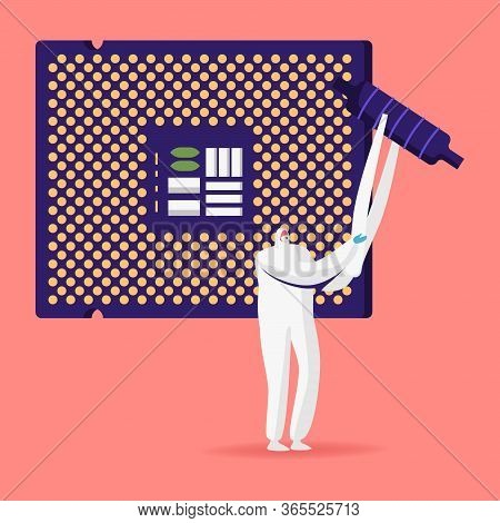 Tiny Character In Protective Suit Set Up Huge Semiconductor Circuit Board Or Motherboard Digital Chi