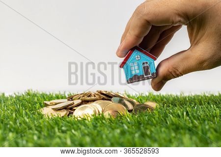 Hand Hold A Home Model Put On The Stack Coin With Growing. Savings Money For Buy House And Loan To B