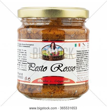 Ukraine, Kyiv - May 05. 2020: Grocery. Sun-dried Tomato Pesto Sauce Bella Contadina Isolated On Whit