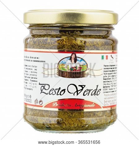 Ukraine, Kyiv - May 05. 2020: Grocery. Bella Contadina Pesto Sauce With Basil Isolated On White Back