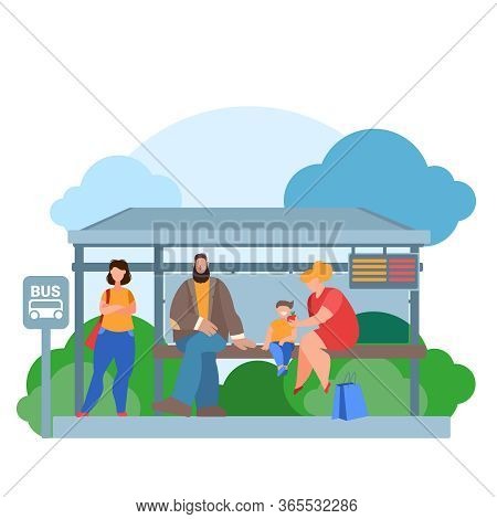 Cartoon Color Characters People Waiting Bus And Landscape Scene Concept Flat Design Style . Vector I