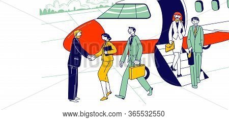 Businesspeople Characters Leaving Airplane Shaking Hand With Meeting Person On Ground. Business Trav