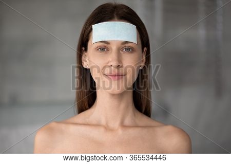 Headshot Portrait Naked Woman Apply Facial Patches Forehead Wrinkles Smoothers