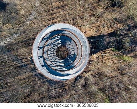 Gisselfeld, Denmark - March 25, 2020: Aerial Drone View Of The Forest Tower At Camp Adventure
