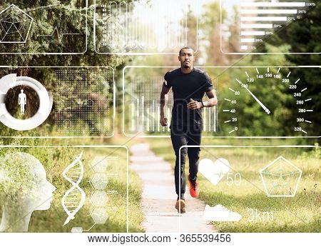 Collage With African American Sportsman Jogging In Park And Health Monitoring Data On Imaginary Scre
