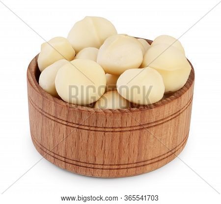 Macadamia Nuts In Wooden Bowl Isolated On White Background With Clipping Path And Full Depth Of Fiel