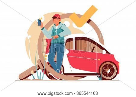 Young Handsome Man Using Smartphone For Car Searching And Sale. Concept Male Character Near Vehcile 