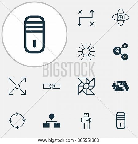 Machine Icons Set With Linked Data, Processor, Computer Cooler And Other Analysis Diagram Elements. 
