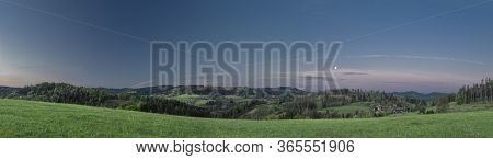 Before Sunrise With Moon And Pasture Land Near Valasska Polanka Village