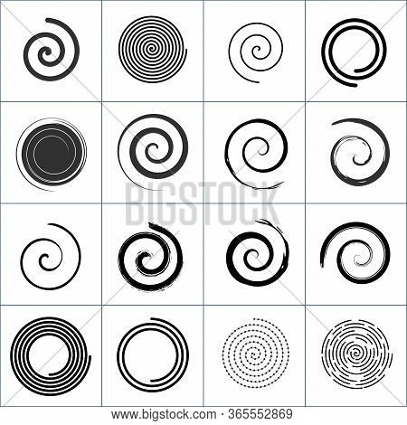Design Elements With Spiral Twirl Motion. Vector Set. Stock Vector Illustration Isolated On White Ba