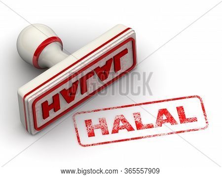Halal. The Seal. The White Seal And Red Imprint Halal On White Surface. 3d Illustration