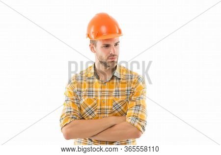 Always Dedicated To Work. Confident Workman Isolated On White. Construction Worker Wear Protective H