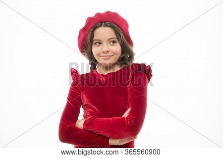 Perfect Female. Small Beauty Isolated On White. Kid Has Perfect Skin And Hair. Parisian Lady. Happy 
