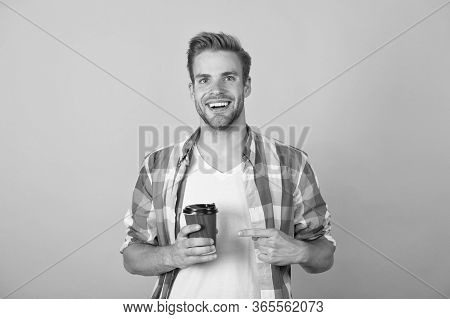 Drink For Inspiration. Handsome Man Drink Coffee To Go Paper Cup. Cafe Concept. Coffee Shop. Good Mo