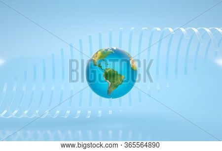 Earth globe planet is is floating in the air inside of transparent circle parts. 3D render.