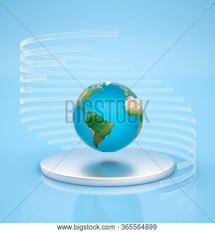 Earth globe planet is floating in the air above silver pedestal with transparent circles around it. 3D render.