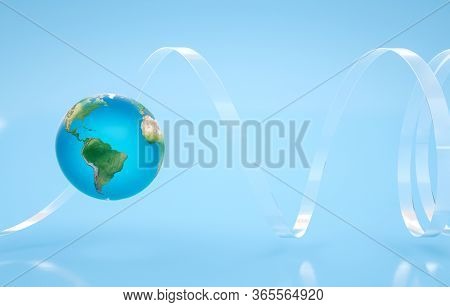 Earth globe planet is floating in the air inside of transparent helix line. 3D render.