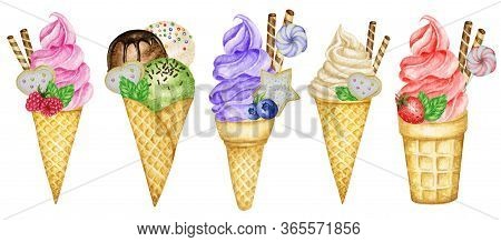 Fruit Ice-cream In Waffle Cone Set. Decorated With Chocolate Waffles Berries Cookies And Candies. Ra