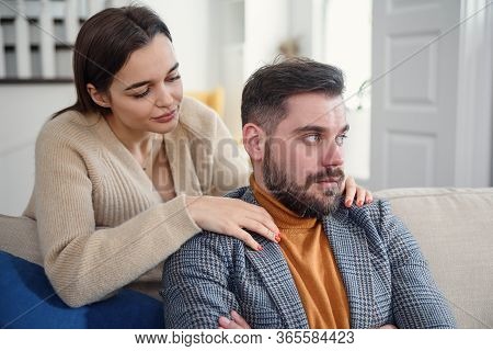 Attractive Woman Apologizing To Frustrated Man After Quarrel, Doubting Boyfriend Ignore, Girlfriend 