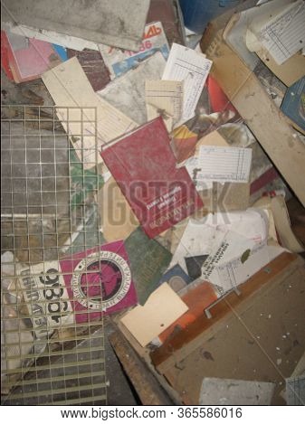 Pripyat, Ukraine - 07.10.2016: Scattered Old Books On The Floor, Abandoned Library In Ghost Town Pri