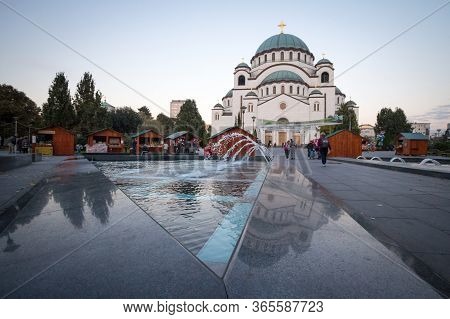 Belgrade, Serbia - October 9, 2016: Saint Sava Cathedral Temple (hram Svetog Save) At Dusk. This Ser