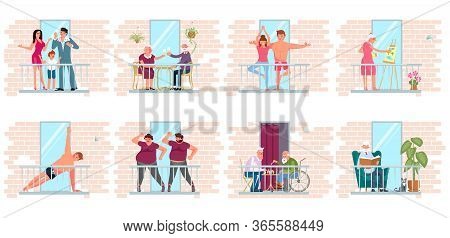 Different People Stay At Home. Neighbors Doing Yoga Or Exercises, Drinking Tea, Working Or Relaxing 