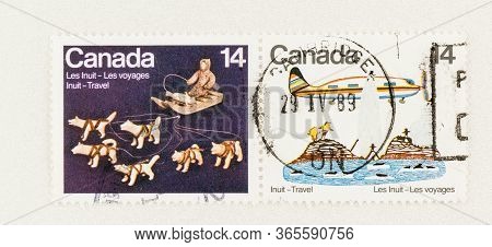Seattle Washington - May 10, 2020:  Two 14 Cent Stamps Featuring Inuit Art On Canadian Postage Of 19
