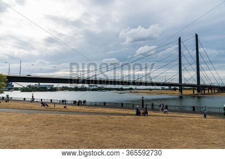 Dusseldorf, Germany - August 11, 2019: View At Rheinknie Bridge Over Rhine River