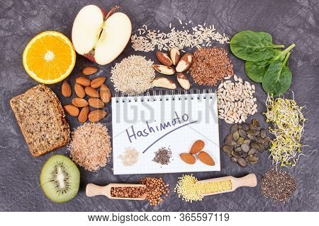 Notepad With Inscription Hashimoto And Best Nutritious Ingredients For Healthy Thyroid