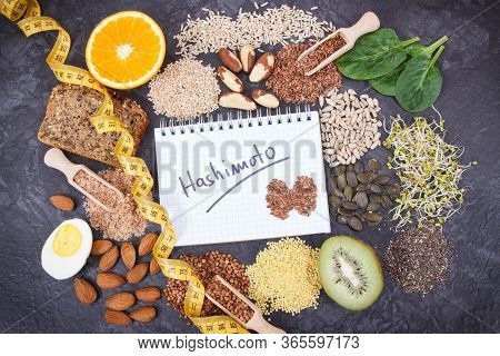 Tape Measure, Notepad With Inscription Hashimoto And Best Nutritious Ingredients For Healthy Thyroid