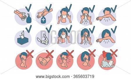 Prevention Infographic Man And Woman Icons.2019 Ncov Virus Protection Tips Covid-19. Virus Warning. 