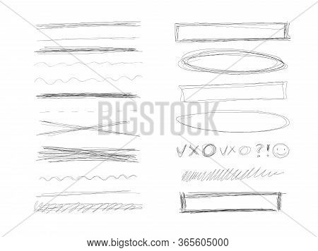 Set Of Hand Drawn Lines. Doodle Design. Scribble With A Pen, Stripes With A Pencil. Black Abstract E