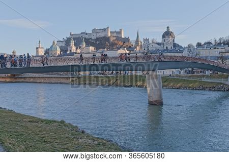 Salzburg, Austria, February 22, 2020: A Lot Of Colorful Love Locks On Makartsteg Bridge Over Salzach