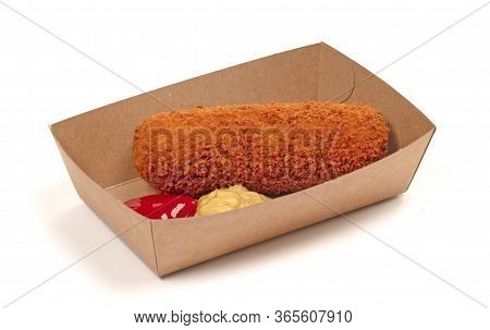 Brown Crusty Dutch Kroket With Mustard And Ketchup Isolated On A White Background