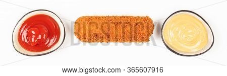 Brown Crusty Dutch Kroket With Sauces (mustard And Ketchup) Isolated On A White Background