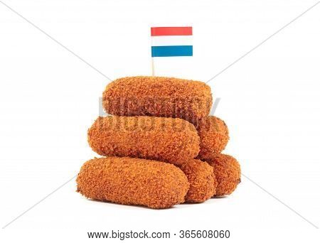 Brown Crusty Dutch Kroketten With Dutch Flag, Isolated On A White Background