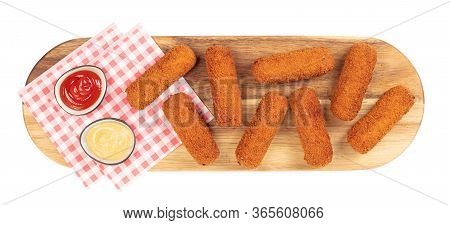 Brown Crusty Dutch Kroketten On A Serving Tray Isolated On A White Background