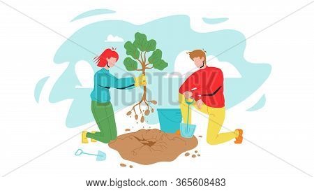 Man And Woman Volunteering Planting Tree Vector