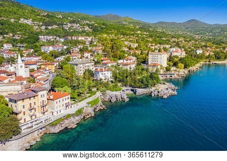 Croatia, Beautiful Town Of Lovran, Sea Walkway, Aerial Panoramic View In Kvarner Bay Coastline, Popu