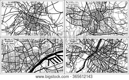 Argenteuil, Aix-en-Provence, Angers and Amiens France City Maps Set in Black and White Color in Retro Style. Outline Map.