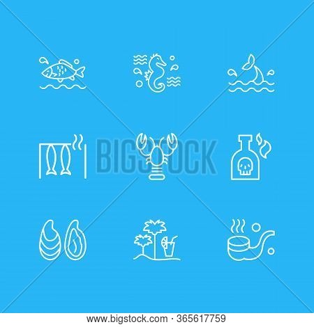Illustration Of 9 Maritime Icons Line Style. Editable Set Of Smoking Pipe, Lobster, Smoked Fish And 