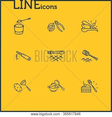 Illustration Of 9 Kitchenware Icons Line Style. Editable Set Of Peeling Knife, Cherry Pitter, Potato