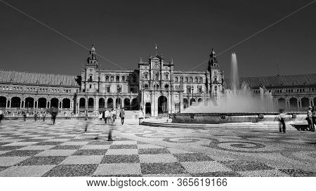 Seville, Spain - 10 February 2020 :black And White Photography Of Plaza De Espana Spain Square Archi