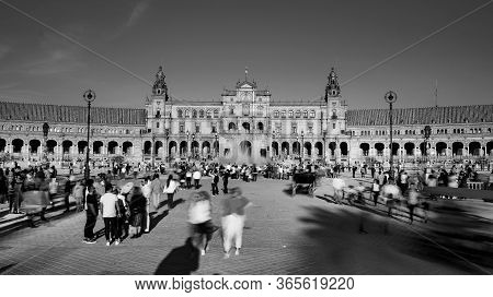 Seville, Spain - 10 February 2020 :black And White Photography Of Plaza De Espana Spain Square Archi
