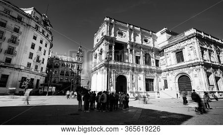 Seville, Spain - 10 February 2020 :black And White Photography Of Plaza De Espana Spain Square Archi
