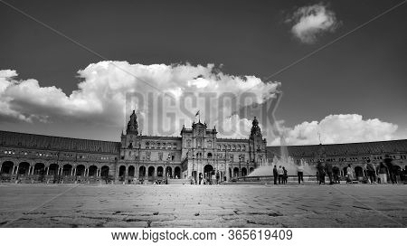 Seville, Spain - 10 February 2020 :black And White Photography Of Plaza De Espana Spain Square Archi