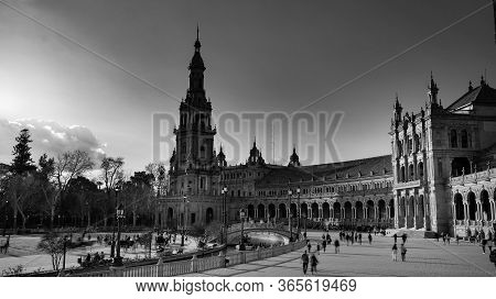 Seville, Spain - 10 February 2020 : Black And White Photography Of Plaza De Espana Spain Square With