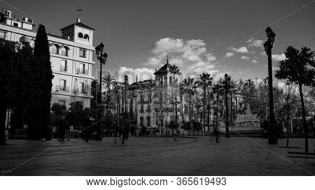 Seville, Spain - 10 February 2020 : Black And White Photography Of Architecture On The Main Boulevar